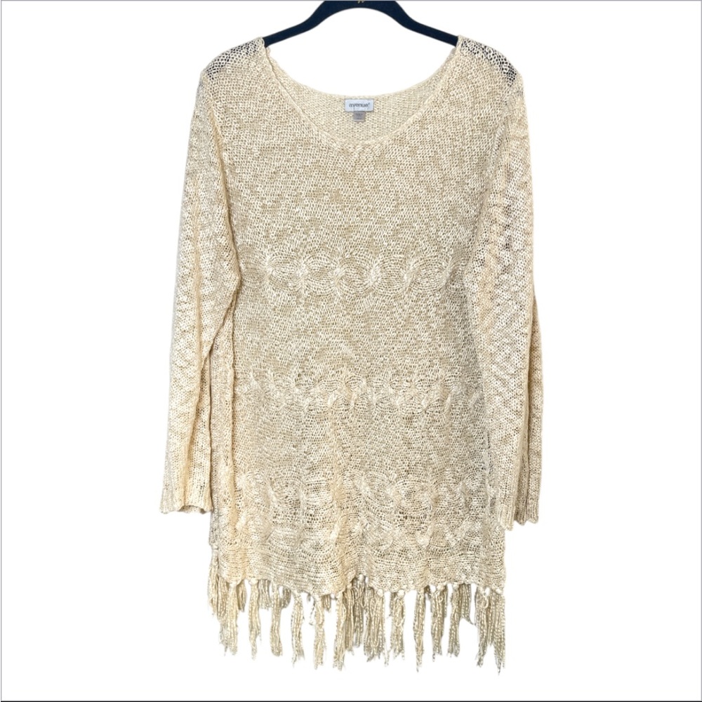 Avenue women crochet Cream open Knit Fringe Sweater coastal lagenlook size 14/16